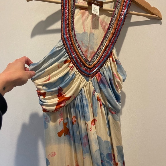 Prairie New York Embellished 100% Silk Cloud & Bird Ruched Maxi Gown size M - Picture 2 of 7